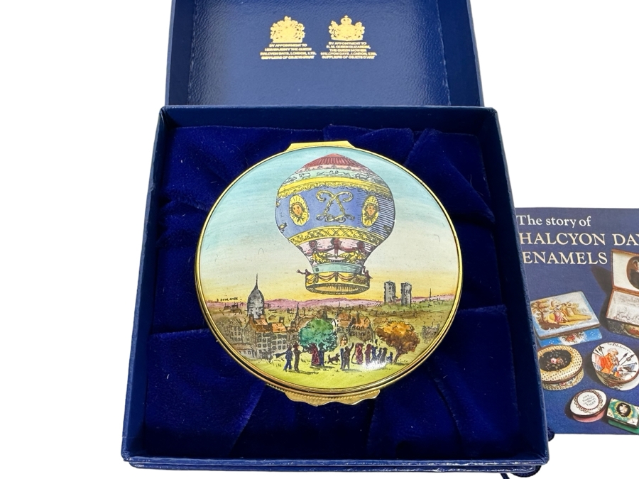 Halcyon Days Enamel Box With Hot Air Balloon Original Box 2.5W X 1.25H