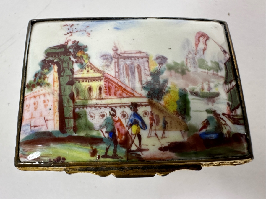 Antique English Hand Painted Enamel Snuff Box With Spoon 2W X 1.5D X .75H [Photo 3]