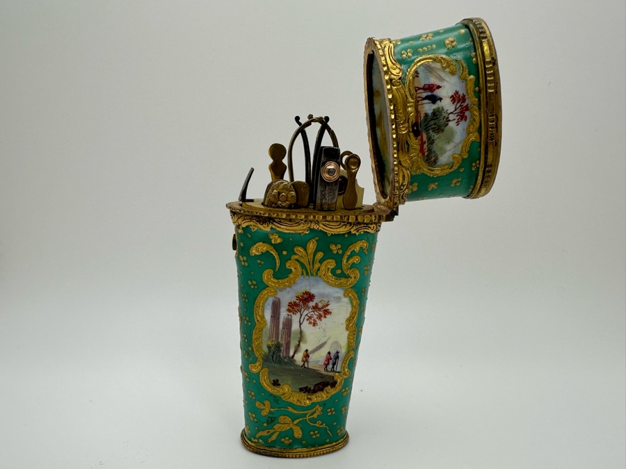 Antique South Staffordshire Enamel Etui Of Tapering Form Painted With Classical Landscapes Circa 1770 4'L Sold In 1983 In London Via Halcyon Days Antiques For 4,830 Pounds In Today's Pounds [Photo 17]