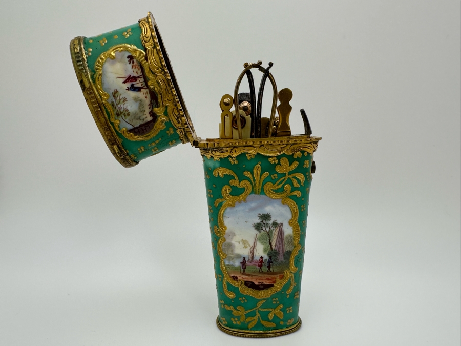Antique South Staffordshire Enamel Etui Of Tapering Form Painted With Classical Landscapes Circa 1770 4'L Sold In 1983 In London Via Halcyon Days Antiques For 4,830 Pounds In Today's Pounds [Photo 15]