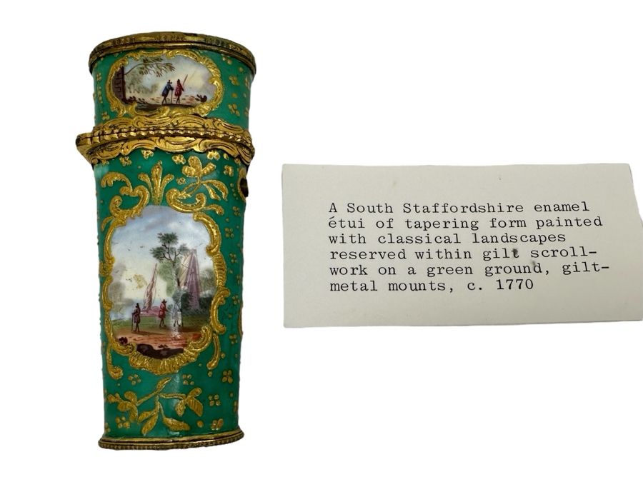 Antique South Staffordshire Enamel Etui Of Tapering Form Painted With Classical Landscapes Circa 1770 4'L Sold In 1983 In London Via Halcyon Days Antiques For 4,830 Pounds In Today's Pounds