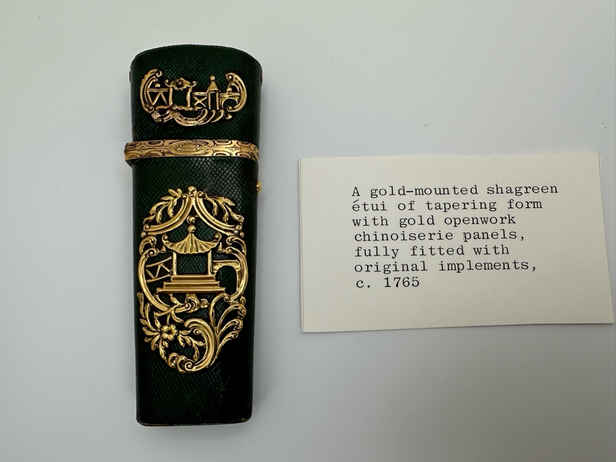 Antique Gold-Mounted Shagreen Etui Of Tapering Form With Gold Openwork Chinoiserie Panels Circa 1765 4'L Sold In 1983 In London Via Halcyon Days Antiques For 4,530 Pounds In Today's Pounds [Photo 2]