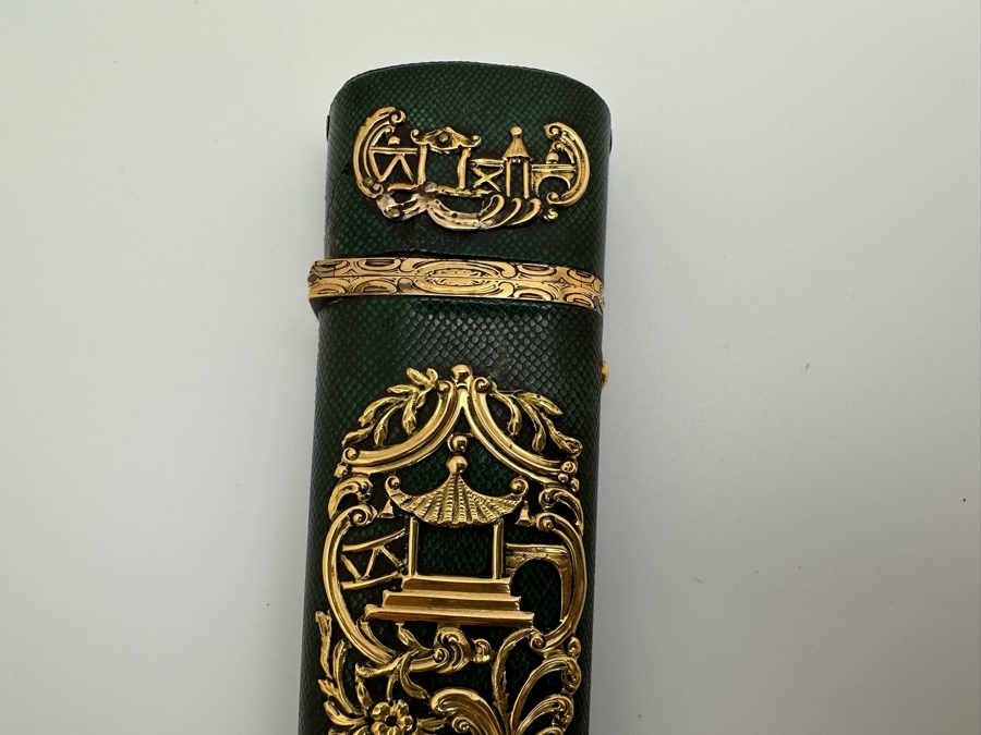 Antique Gold-Mounted Shagreen Etui Of Tapering Form With Gold Openwork Chinoiserie Panels Circa 1765 4'L Sold In 1983 In London Via Halcyon Days Antiques For 4,530 Pounds In Today's Pounds [Photo 7]