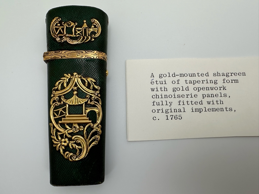 Antique Gold-Mounted Shagreen Etui Of Tapering Form With Gold Openwork Chinoiserie Panels Circa 1765 4'L Sold In 1983 In London Via Halcyon Days Antiques For 4,530 Pounds In Today's Pounds [Photo 3]