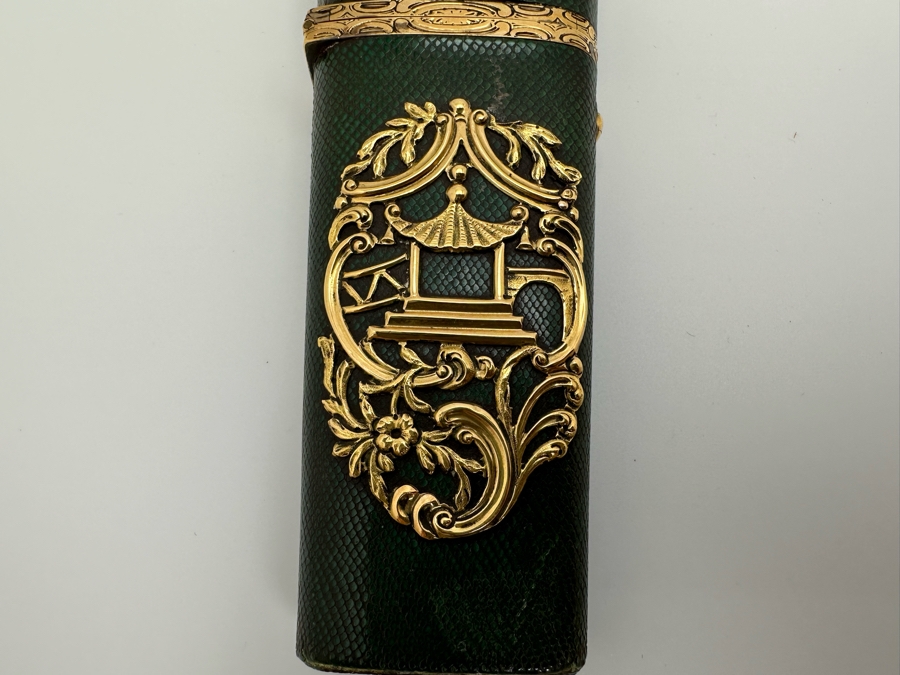 Antique Gold-Mounted Shagreen Etui Of Tapering Form With Gold Openwork Chinoiserie Panels Circa 1765 4'L Sold In 1983 In London Via Halcyon Days Antiques For 4,530 Pounds In Today's Pounds [Photo 6]