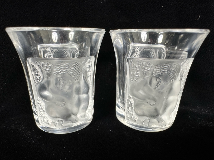 Pair Of Lalique France Enfants Liquor Crystal Shot Glasses 1.75H