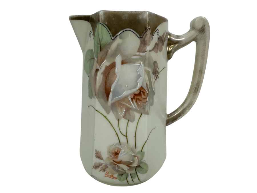 Hand Painted Pitcher With Roses Signed Pasteur 7.5H
