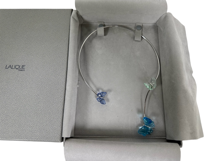 Lalique Papillon Crystal Butterfly Sterling Silver Choker Necklace With Original Box [Photo 2]