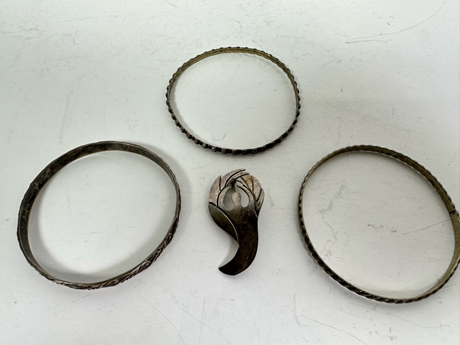 (3) Sterling Silver Bracelets And Sterling Silver Pin Brooch 40.6g [Photo 2]