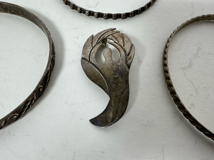 (3) Sterling Silver Bracelets And Sterling Silver Pin Brooch 40.6g [Photo 4]