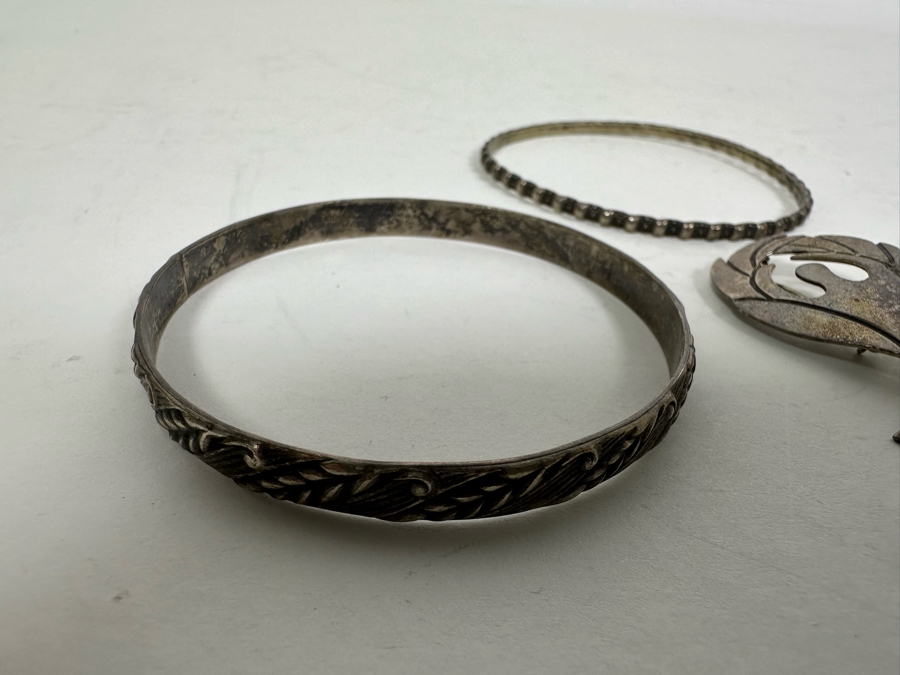 (3) Sterling Silver Bracelets And Sterling Silver Pin Brooch 40.6g [Photo 3]