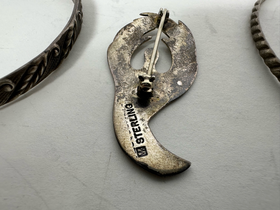 (3) Sterling Silver Bracelets And Sterling Silver Pin Brooch 40.6g [Photo 7]