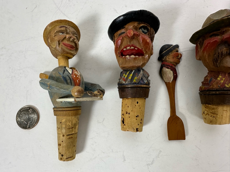 Four Hand Carved Wooden Wine Stoppers & Spoon [Photo 4]