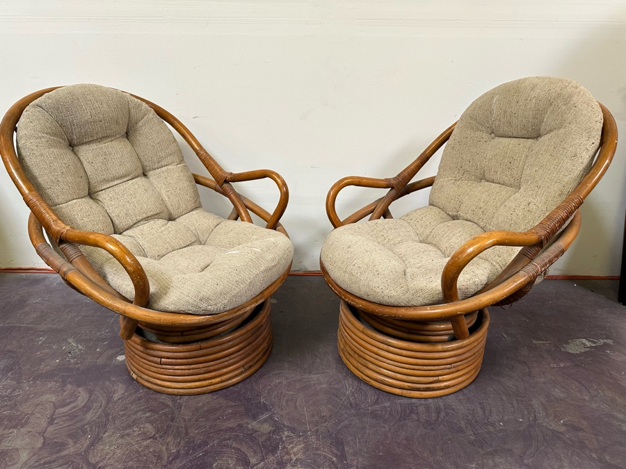 JUST ADDED - Vintage Rattan Swivel Chairs By Sun Products 31W X 35D X 38H, A Pair [Photo 4]