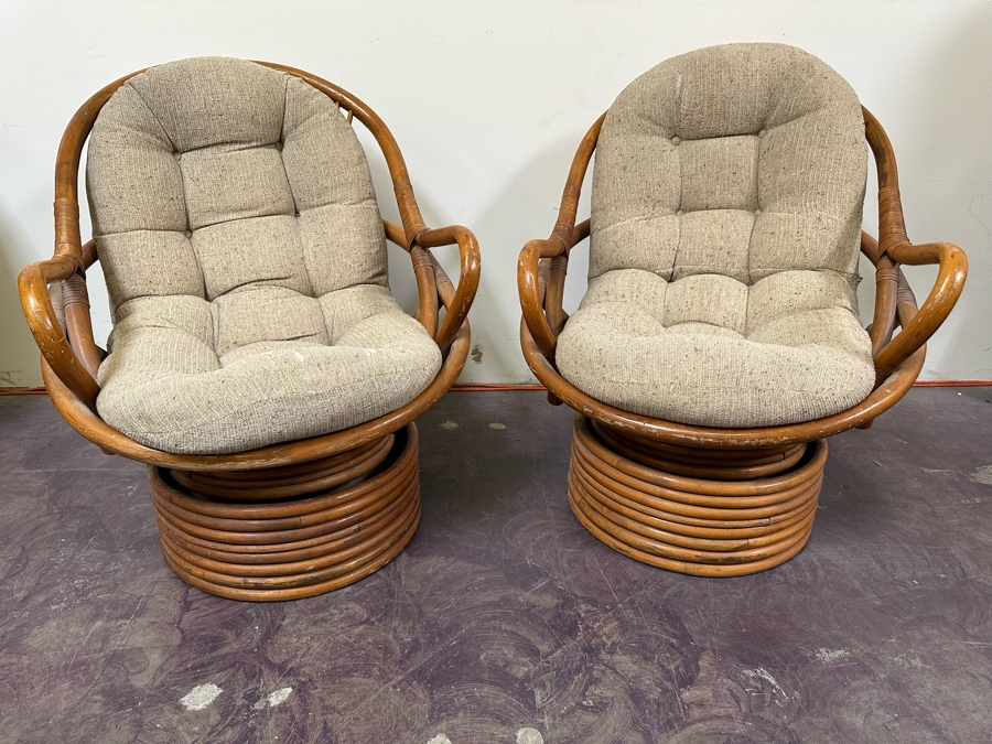 JUST ADDED - Vintage Rattan Swivel Chairs By Sun Products 31W X 35D X 38H, A Pair [Photo 2]