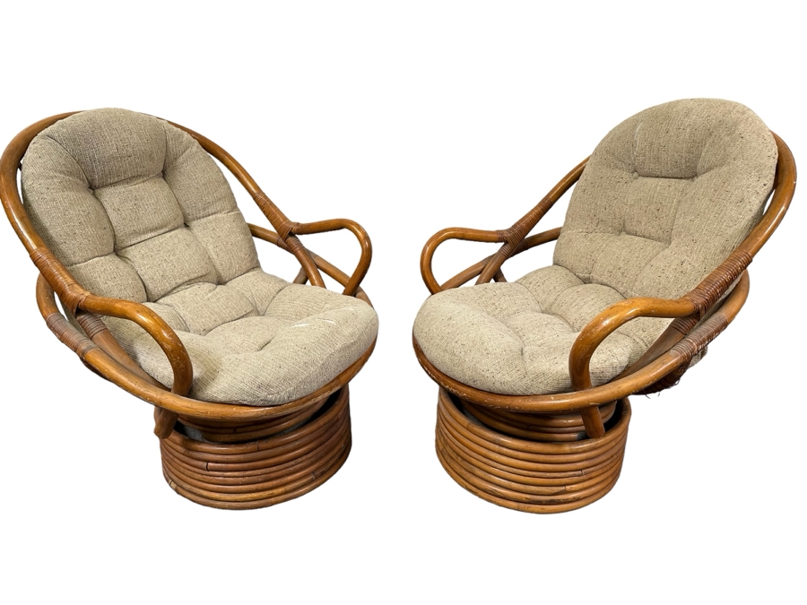 JUST ADDED - Vintage Rattan Swivel Chairs By Sun Products 31W X 35D X 38H, A Pair [Photo 1]