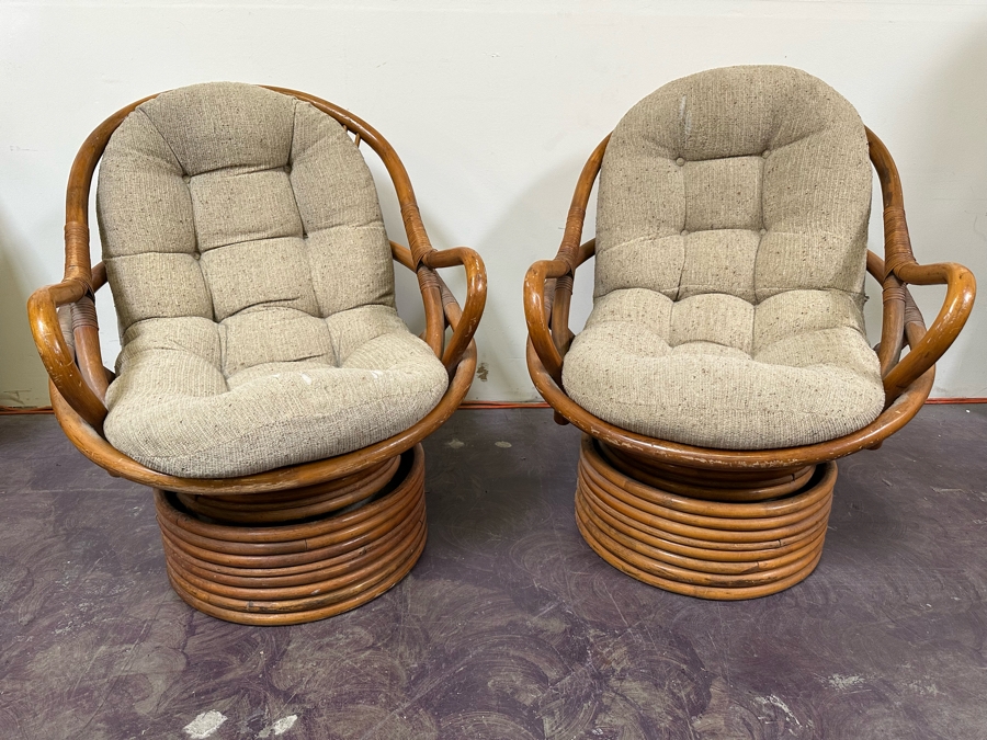JUST ADDED - Vintage Rattan Swivel Chairs By Sun Products 31W X 35D X 38H, A Pair [Photo 3]