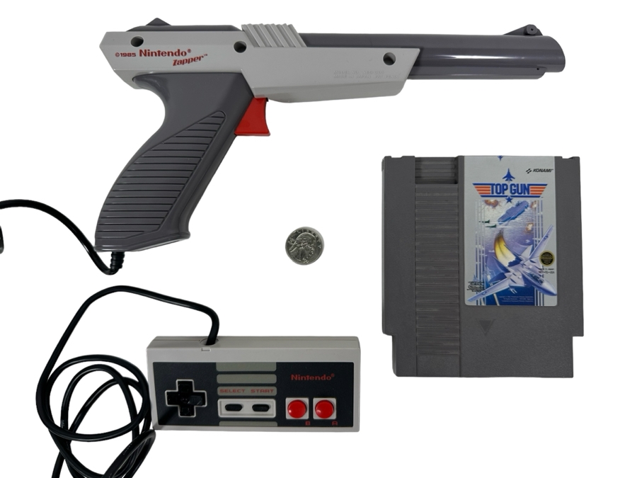 1985 Nintendo Zapper Gun Control, Nintendo Game Controller And Nintendo Konami Top Gun Game Cartridge