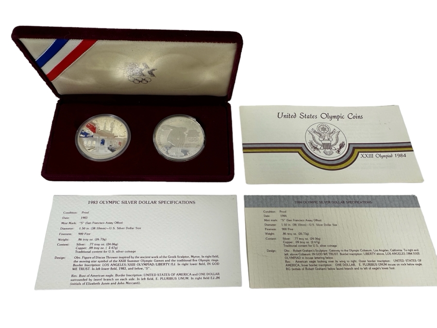 Pair Of United States 1984 Olympic Silver (.900) Proof Coins