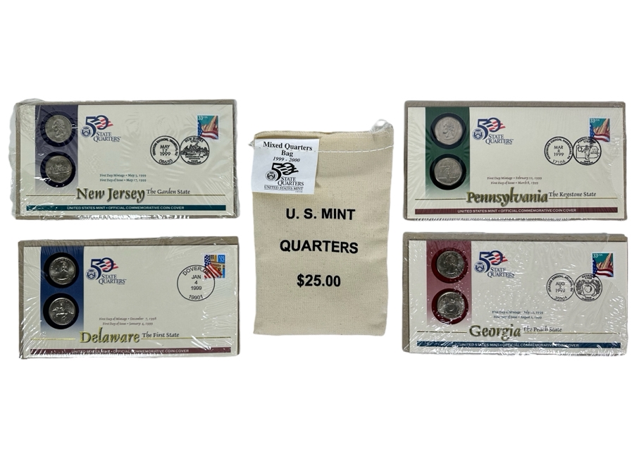 Mixed Quarters Bag $25 1999-2000 From The U.S. Mint And Four First Day Covers State Quarters From New Jersey, Delaware, Pennsylvania & Georgia