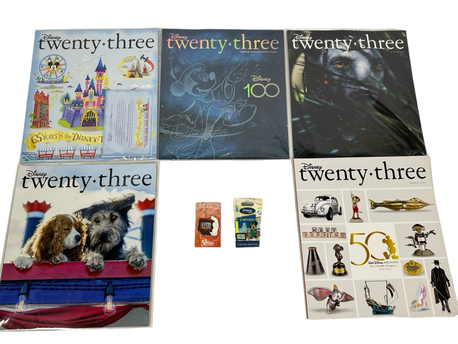 Five Disney Twenty-Three D23 Fan Club Quarterly Magazine Publication And Pair Of Disneyland Trading Pins (One Limited Edition Pin)