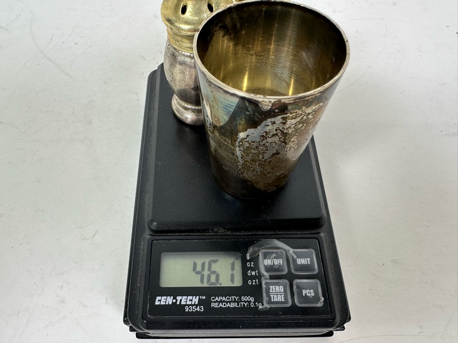 Vintage 835 Siver Shot Glass And Pair Of Sterling Silver Salt & Pepper Shakers 46.1g [Photo 6]