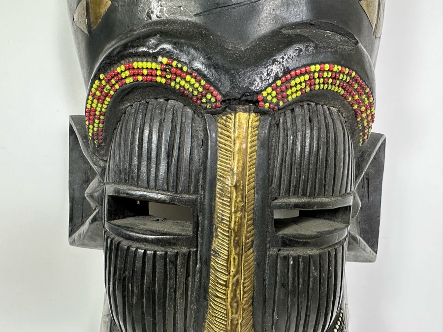 Hand Carved Wooden African Mask With Bead And Metal Work From Ghana 9.5W X 4D X 37H [Photo 5]