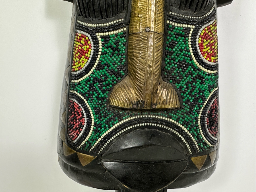 Hand Carved Wooden African Mask With Bead And Metal Work From Ghana 9.5W X 4D X 37H [Photo 3]