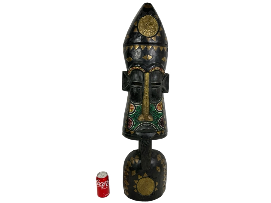 Hand Carved Wooden African Mask With Bead And Metal Work From Ghana 9.5W X 4D X 37H [Photo 1]