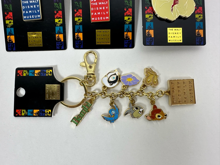 Three The Walt Disney Family Museum Trading Pins On Cards And The Walt Disney Family Museum Bambi Charm Bracelet [Photo 2]