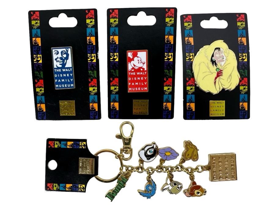 Three The Walt Disney Family Museum Trading Pins On Cards And The Walt Disney Family Museum Bambi Charm Bracelet [Photo 1]