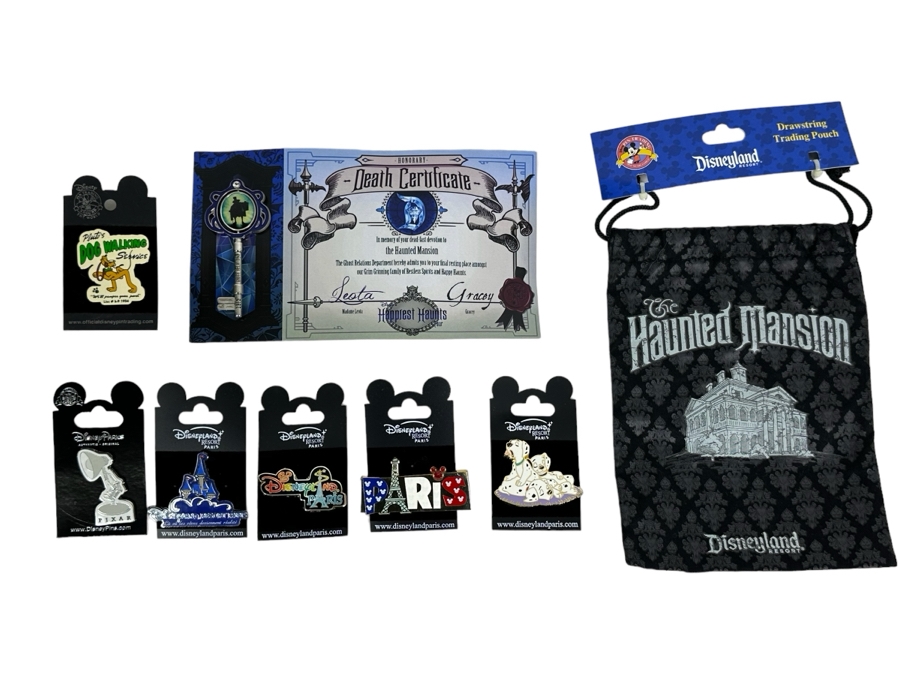 TBDSeven Disney Trading Pins With Cards And The Haunted Mansion Disneyland Resort Drawstring Trading Pouch [Photo 1]