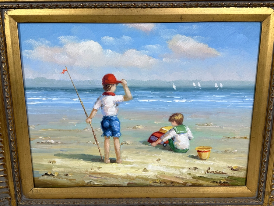 Original Signed Seascape Oil Painting On Canvas 16 X 12 In Gilt Wooden Frame 24 X 21 [Photo 2]