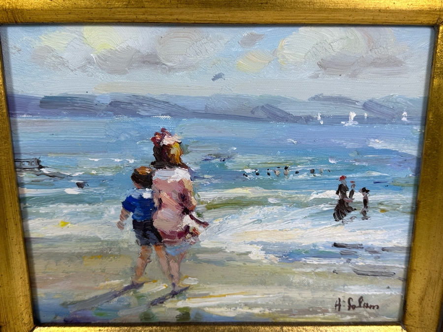 Original Signed Seascape Oil Painting On Canvas 10 X 8 In Gilt Wooden Frame 18 X 16.5 [Photo 2]