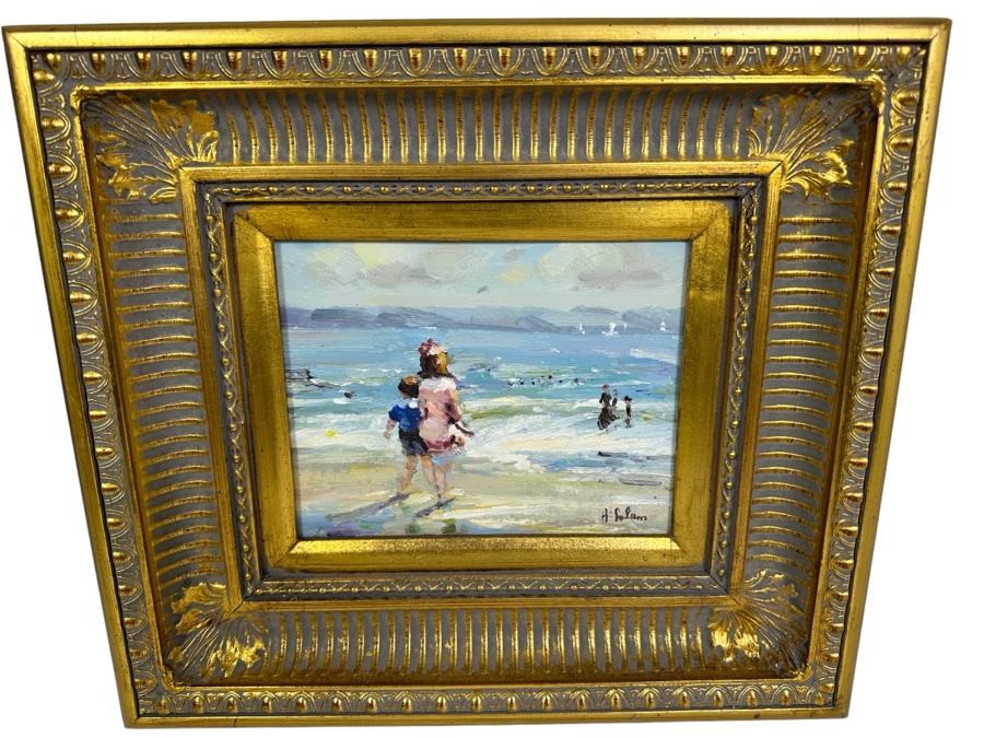 Original Signed Seascape Oil Painting On Canvas 10 X 8 In Gilt Wooden Frame 18 X 16.5 [Photo 1]