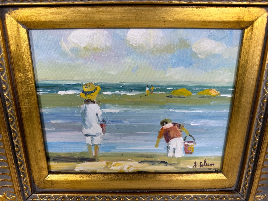 Original Signed Seascape Oil Painting On Canvas 10 X 8 In Gilt Wooden Frame 18 X 16.5 [Photo 2]