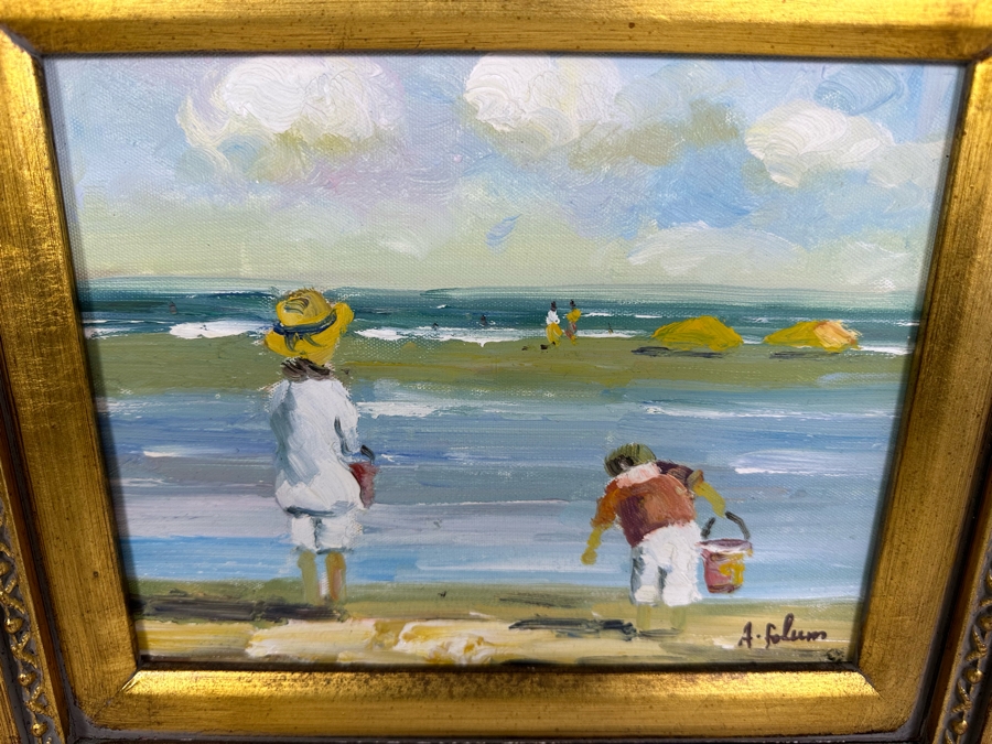 Original Signed Seascape Oil Painting On Canvas 10 X 8 In Gilt Wooden Frame 18 X 16.5 [Photo 3]