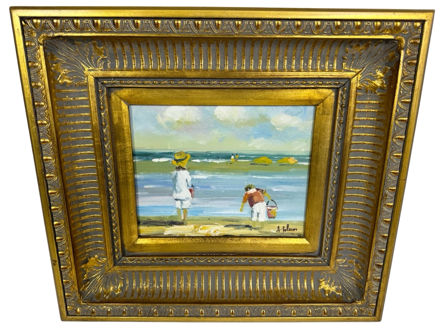 Original Signed Seascape Oil Painting On Canvas 10 X 8 In Gilt Wooden Frame 18 X 16.5 [Photo 1]