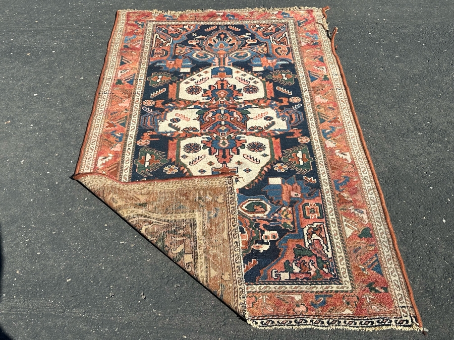 Antique Hand Knotted Wool Persian Area Rug - See Photos For Damage To Edges 67' X 40' [Photo 9]
