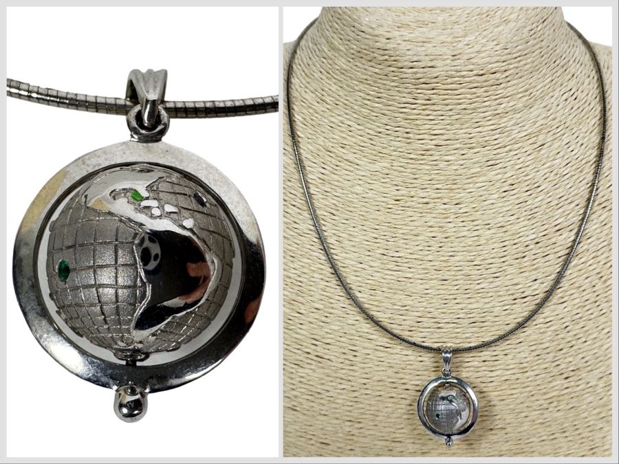 Sterling Silver Spinning Globe Pendant With Sterling Silver 18' Necklace 15.7g [Photo 1]