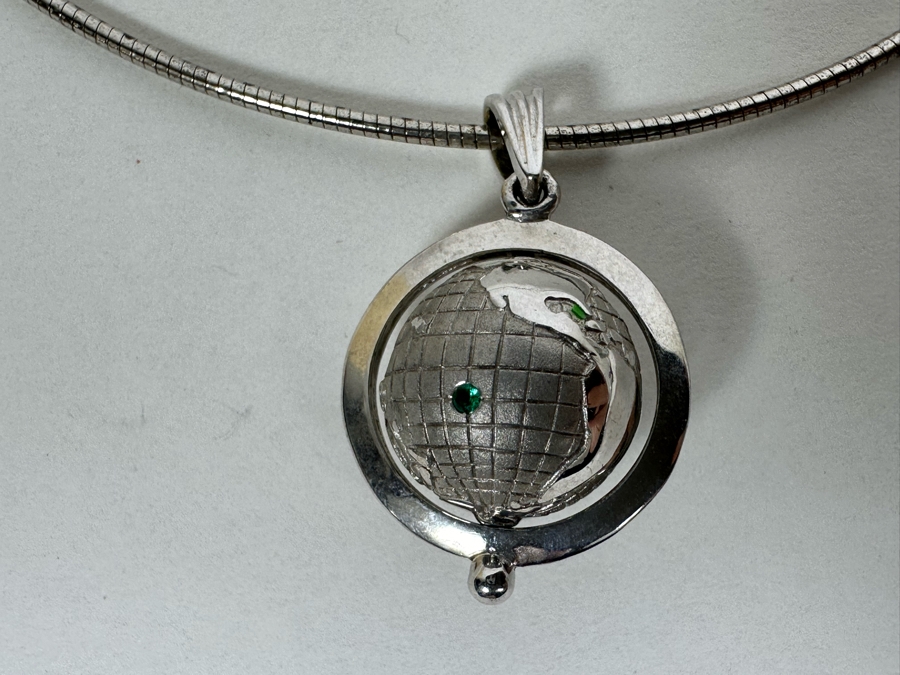 Sterling Silver Spinning Globe Pendant With Sterling Silver 18' Necklace 15.7g [Photo 9]