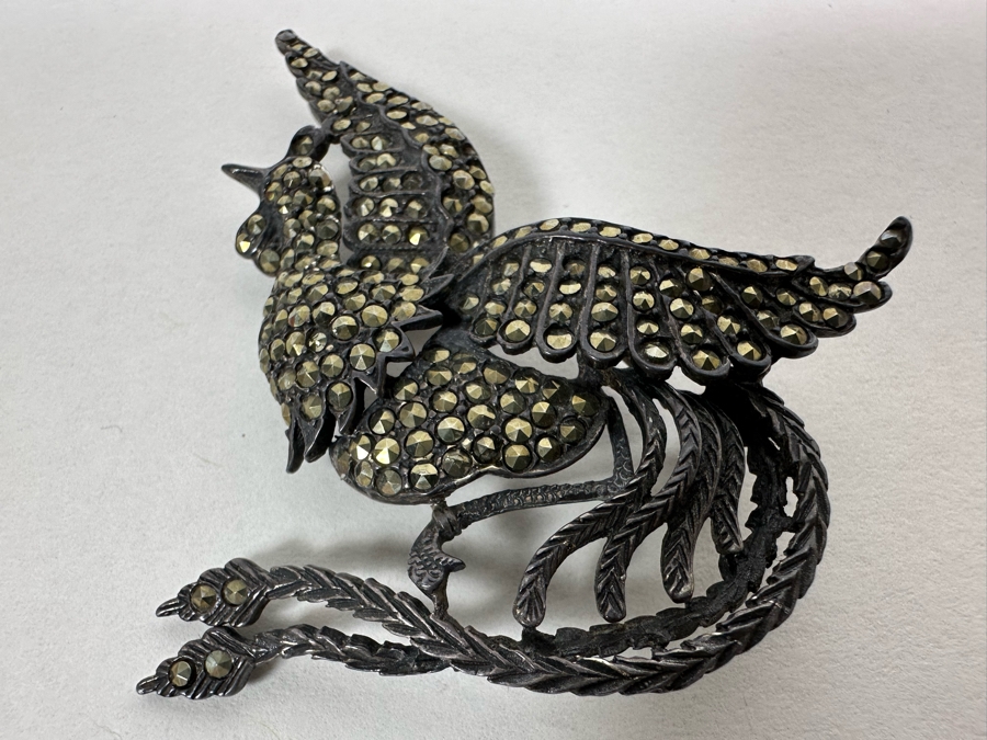 Vintage Sterling Silver Phoenix Bird Brooch Pin With Marcasites 2.5 X 2.5 19.8g [Photo 5]