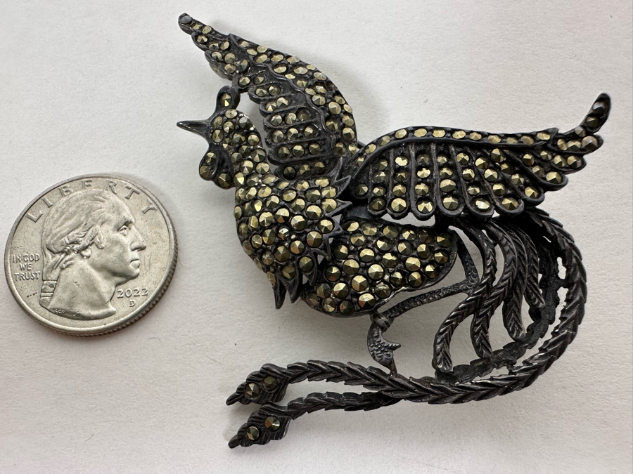 Vintage Sterling Silver Phoenix Bird Brooch Pin With Marcasites 2.5 X 2.5 19.8g [Photo 9]