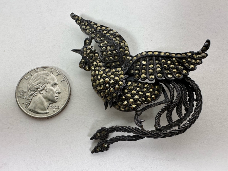 Vintage Sterling Silver Phoenix Bird Brooch Pin With Marcasites 2.5 X 2.5 19.8g [Photo 8]