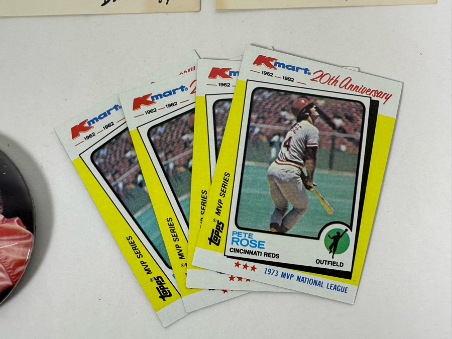 Pete Rose MLB Baseball Collectibles: Autographed 8 X 10 Photo With Cert, Pete Rose Baseball Cards, Pair Of Metal Pete Rose Figurines And Buttons [Photo 21]