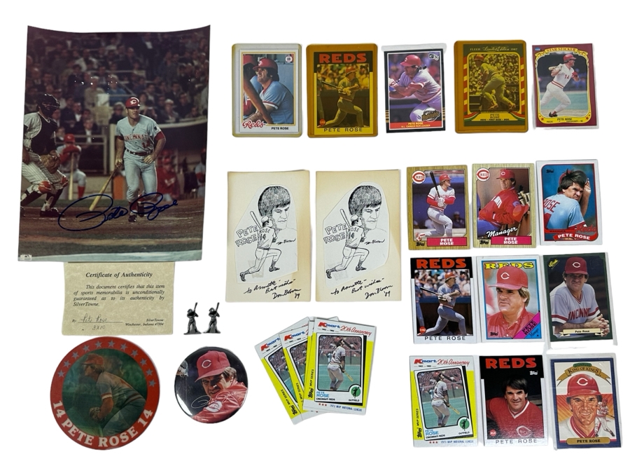 Pete Rose MLB Baseball Collectibles: Autographed 8 X 10 Photo With Cert, Pete Rose Baseball Cards, Pair Of Metal Pete Rose Figurines And Buttons