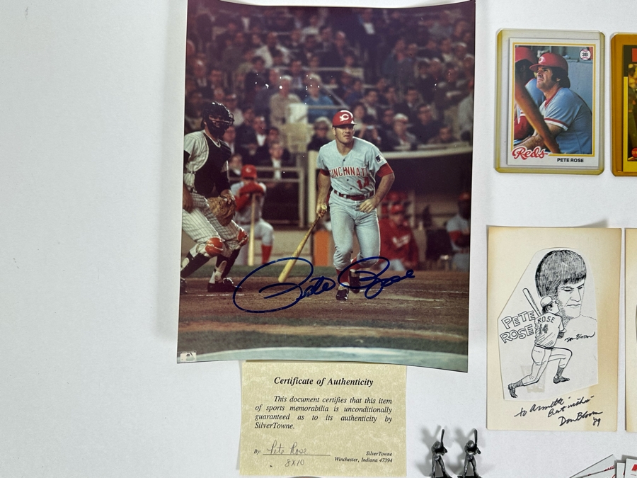 Pete Rose MLB Baseball Collectibles: Autographed 8 X 10 Photo With Cert, Pete Rose Baseball Cards, Pair Of Metal Pete Rose Figurines And Buttons [Photo 2]
