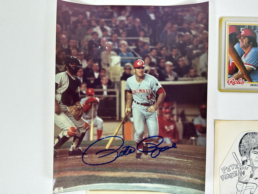 Pete Rose MLB Baseball Collectibles: Autographed 8 X 10 Photo With Cert, Pete Rose Baseball Cards, Pair Of Metal Pete Rose Figurines And Buttons [Photo 3]