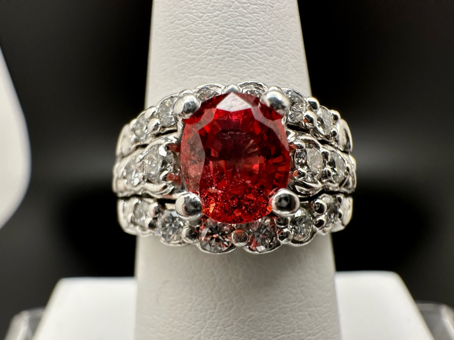 Stunning Platinum 950 Orange Sapphire Ring With 16 Round Brilliant Cut Diamonds Est. 0.60cttw 7.78mm X 6mm Orange Sapphire Size 7.25 15.4g Estimate Fair Market Value $3,500 Retail Value $10,500 [Photo 3]