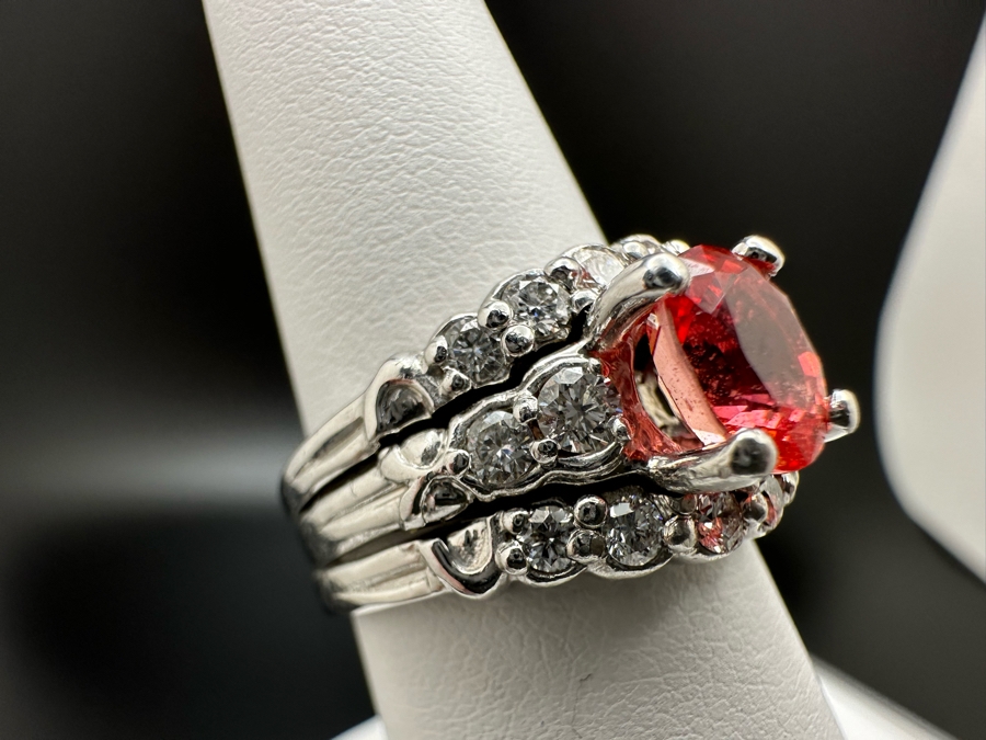 Stunning Platinum 950 Orange Sapphire Ring With 16 Round Brilliant Cut Diamonds Est. 0.60cttw 7.78mm X 6mm Orange Sapphire Size 7.25 15.4g Estimate Fair Market Value $3,500 Retail Value $10,500 [Photo 8]